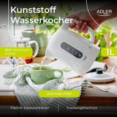Ibrik elektrik Adler AD 1380w, 1.0L, plastik, i bardhë