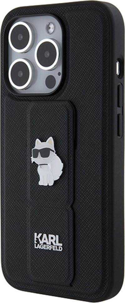 Mbulesë telefoni Karl Lagerfeld Gripstand Saffiano Choupette Pins, për iPhone 14 Pro, e zezë