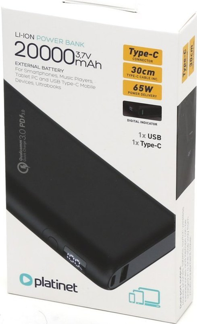 Power bank Platinet PMPB206B, 20000mAh, PD 65W QC 3.0, i zi