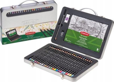 Set lapsash DERWENT Academy Carry Tin Box, 25 copë, lapsa me ngjyra dhe grafit, kuti metalike