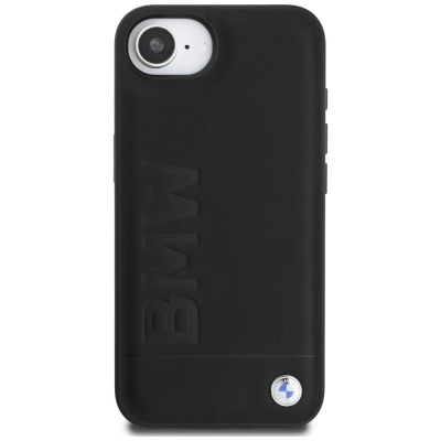 Маска за телефон BMW Leather Hot Stamp за iPhone 16E, природна кожа, заштитна, црна