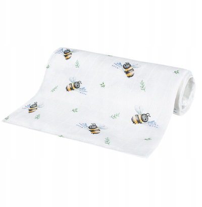 Pelenë bambuje BOCIOLAND Bees, 40x40cm, për bebe, e bardhë me bletë