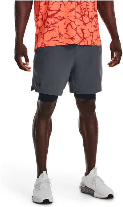 Машки спортски шорцеви Under Armour Vanish Woven 2 in 1, полиестер, сиво и црно
