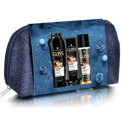 Set për flokë Gliss Kur Ultimate Repair, shampo 250 ml + balsam për flokë 200 ml + balsam rigjenerues 200 ml + çantë kozmetike