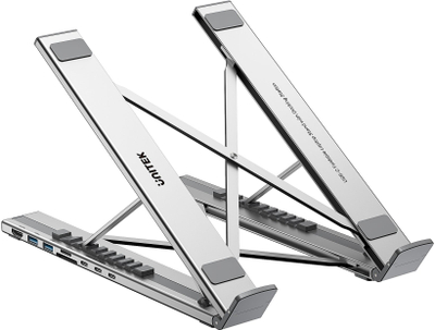 Qëndrim laptopi Unitek Adjustable me USB C/A hub, HDMI 2.0, PD 100W, ngjyrë argjendi