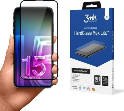 Xham mbrojtës 3MK HardGlass Max Lite për iPhone 15, 9H, i zi