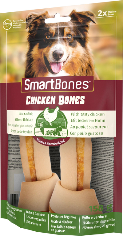 Kocka përtypëse për qen SmartBones Chicken Bones Medium, pa lëkurë, 2 copë