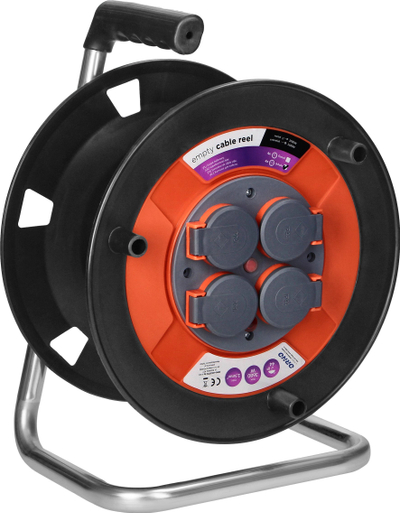 Bobinë kabllosh Emos Splash-proof IP44, 4x prizë Schuko, portokalli e zezë