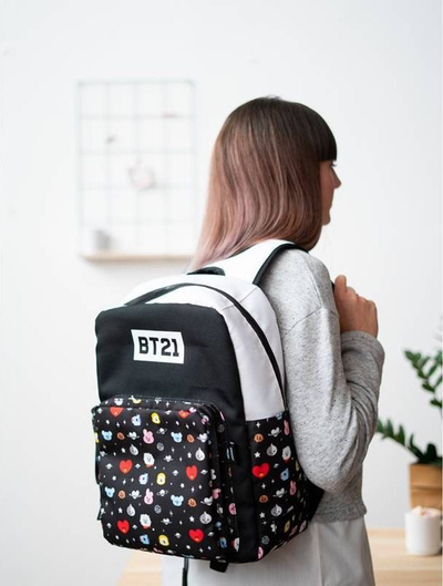 Çantë shkolle BT21 Cool Collection, me xhepa anash, lidhet me trolley, e zezë