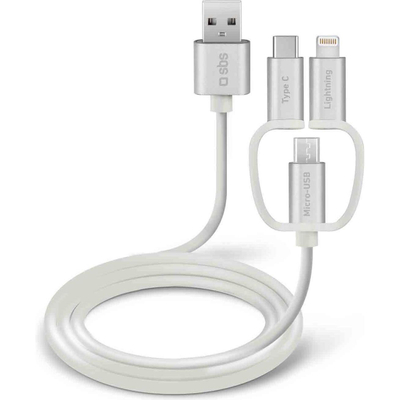 Kabllo kariku Sbs 3 në 1, 1.20 m, Usb në Micro Usb Lightning Type C, e bardhë