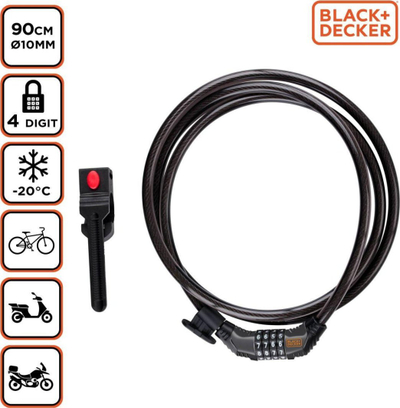 Kyç biçiklete Black+Decker OnGuard, kabllo 10 mm, 90 cm, me kombinim, i zi