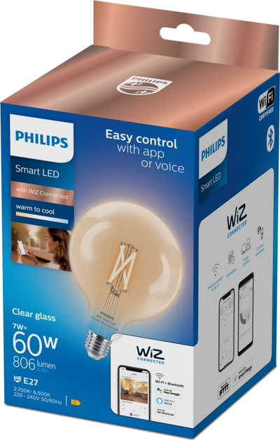 Llampë e zgjuar Philips WiZ LED, 7W 806 lumen, E27, xham i tejdukshëm