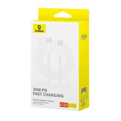 Kabllo USB C në USB C Baseus Superior, 30W, 1m, e bardhë