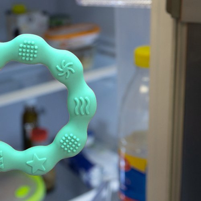 Unazë për dhëmbëzë BabyOno Silicone Teether Ring, silikon, pa BPA, blu