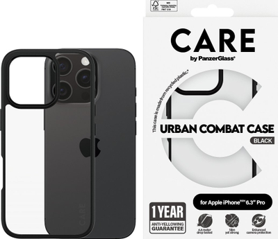 Mbulesë telefoni PanzerGlass CARE Urban Combat për iPhone 16 Pro, transparente me kornizë të zezë