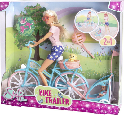 Lodër kukull Simba Steffi Love Bicycle Trip, set me biçikletë dhe karrocë, 29cm, shumëngjyrëshe