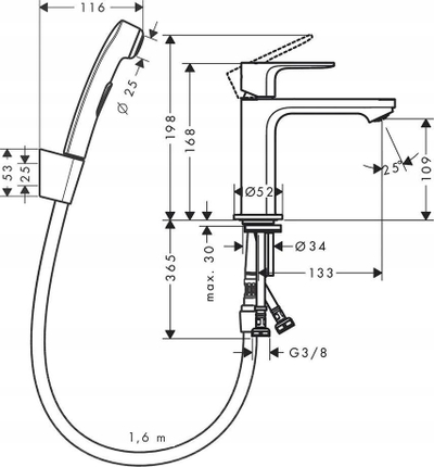 Rubinet lavamani Hansgrohe Rebris S 72215000, me dush bide, krom