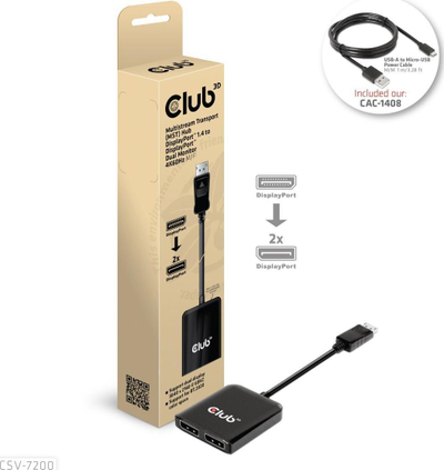 Adapter MST Club3D CSV-7200 DisplayPort 1.4 në 2x DisplayPort, 4K 60Hz, i zi