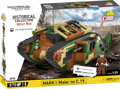 Сет коцки COBI Mark I Male C19 тенк, 878 парчиња, размер 1:35, многубоен