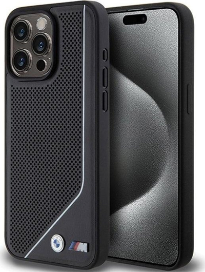 Këllëf telefoni BMW Twisted Line MagSafe për iPhone 15 Pro, i shpuar, i zi