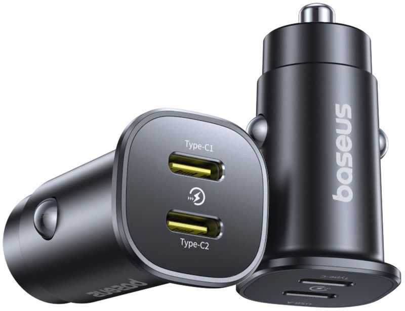 Karikues veture Baseus 30W, dy porta USB Type C, karikim i shpejtë, i zi
