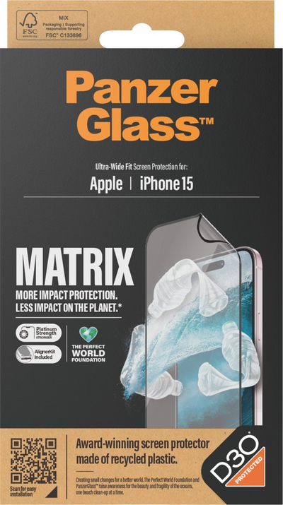 Mbrojtës ekrani PanzerGlass Hybrid Glass Ultra Wide Fit Matrix, për iPhone 15, antibakterial, transparent