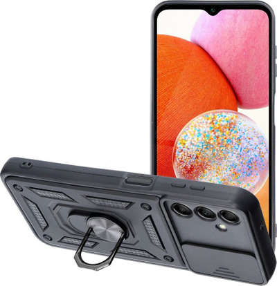 Këllëf telefoni Samsung Galaxy A14, TPU silikon, me unazë dhe kapak kamere, ngjyrë e zezë