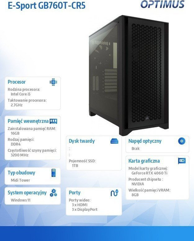 Kompjuter gaming Optimus E-Sport GB760T-CR6, i5-13600, 16GB RAM, 1TB SSD, RTX 4060 Ti, i zi