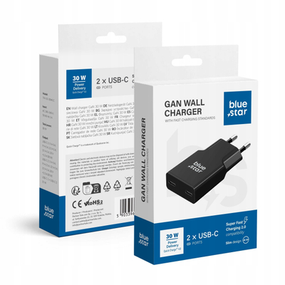 Ѕиден полнач Blue Star Slim GaN, 30W, 2x USB C PD QC4.0, црн