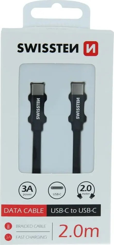 Kabllo të dhënash Swissten USB C në USB C, me stof, 2m, e zezë