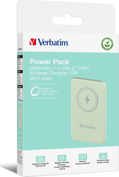 Karikues portativ Verbatim Charge 'n' Go, 5000mAh, karikim wireless magnetik, i gjelbër
