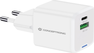 Karikues murale Conceptronic 2 Port 20W GaN USB PD, USB C PD 3.0, USB A QC 3.0, i bardhë