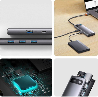 HUB USB C Baseus Metal Gleam WKWG070113, 4 në 1, 3x USB 3.0 RJ45, gri