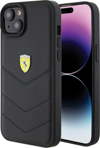 Maskë telefoni Ferrari FEHCP15MRDUK për iPhone 15 Plus, kapak i fortë me lëkurë quilted, i zi