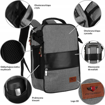 Çantë shpine udhëtimi Peterson Carry-On, 40x20x25 cm, për laptop 14", gri