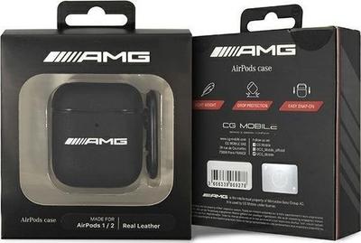 Mbulesë Mercedes AMG Leather Big Logo për AirPods, lëkurë, për gjeneratën 1 dhe 2, e zezë