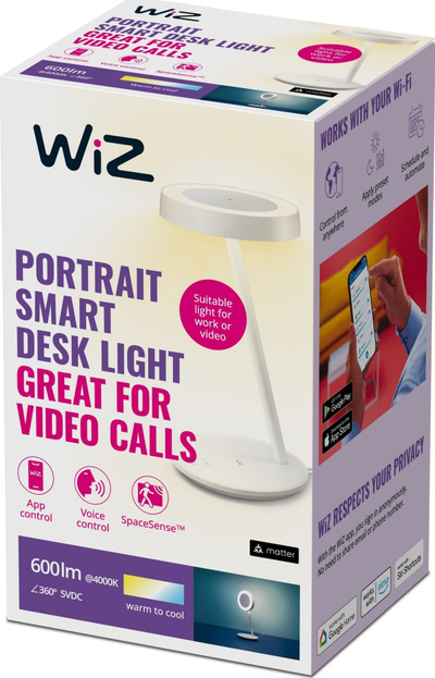 Llambë tavoline WiZ Portrait LED, smart me Wi‑Fi, unazë drite CCT, e bardhë