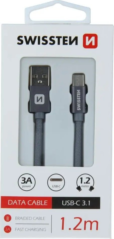 Kabllo USB Swissten USB A në USB C, 1.2m, 3A, e bardhë