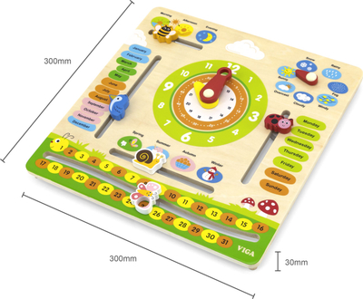 Tabelë druri edukative Viga Clock and Calendar, me shumë ngjyra
