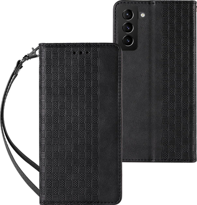 Këllëf telefoni Hurtel Magnet Strap për Samsung Galaxy S22 Ultra, lëkurë eko, tip portofol, i zi