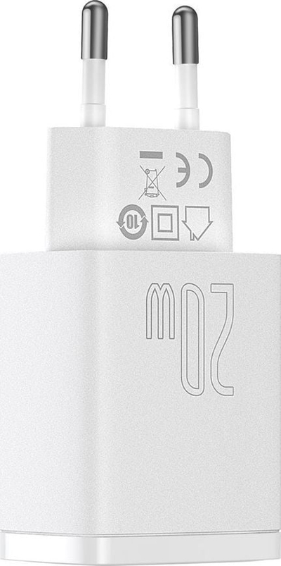 Karikues muri Baseus Compact Charger, 1x USB A, 1x USB C, 3A, i bardhë