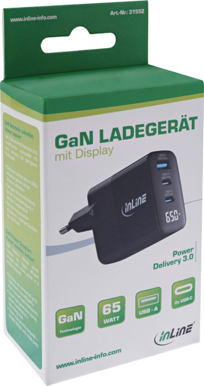 Karikues muri InLine GaN PD 65W, me 3 porta USB-C edhe USB-A, me ekran, i bardhë