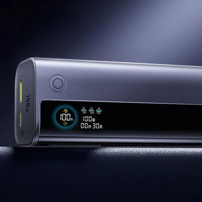 Power bank Baseus 100W, 10000mAh, me kabllo USB-C të futshme brenda, gri