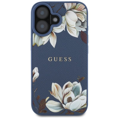 Калуст за телефон Guess iPhone 16, MagSafe, дизајн со цветови, сина