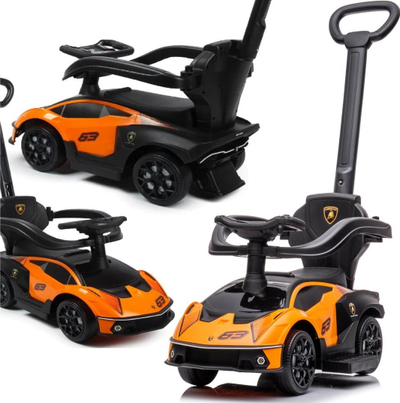 Makine lodër ecëse Enero Lamborghini, për kalamaj 12m, me dorezë për shtyrje, e zezë me portokalli