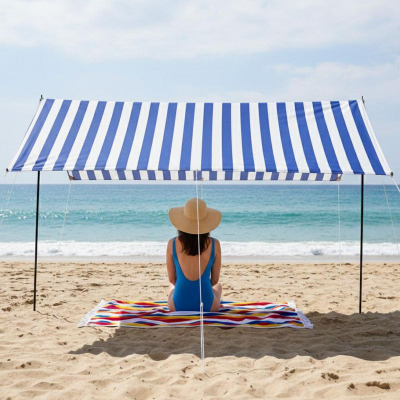 Çadër plazhi ProGarden Sun Shelter, 297x170 cm, me shtylla, blu me vija