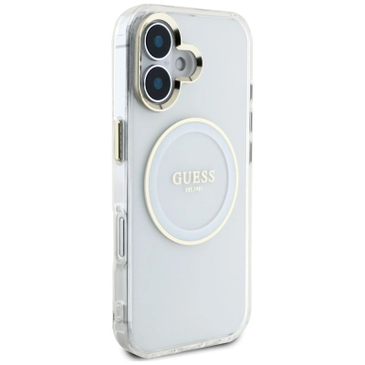 Маска за телефон Guess IML Metal Circle Classic Logo MagSafe за iPhone 16 6.1", бела