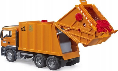 Lodër kamion plehrash Bruder MAN TGS, 1:16, ngarkim i pasëm, portokalli