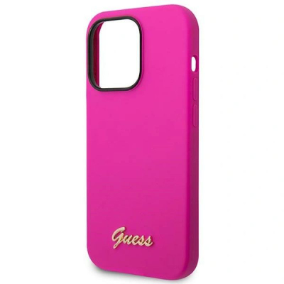 Kapak telefoni Guess për iPhone 14 Pro Max, silikon, logo metal, fuksia