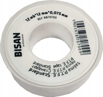 Shirit tefloni PTFE, 12mm x 0.075mm, 10m, i bardhë